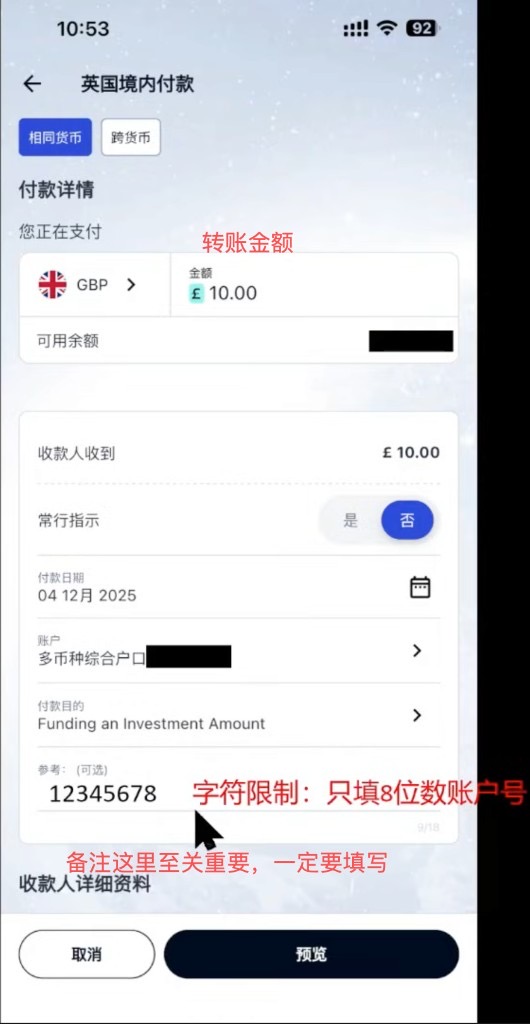 iFAST 英国境内付款:填写金额,参考栏填 8 位嘉信账号