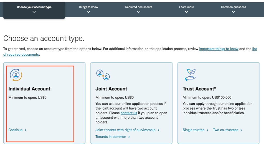选择账户类型:选择 Individual Account,再点击 Continue