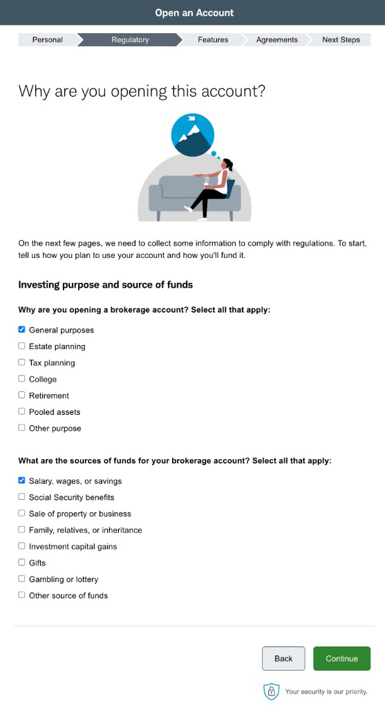 投资目的与资金来源:可选 General purposes 和 Salary, wages, or savings